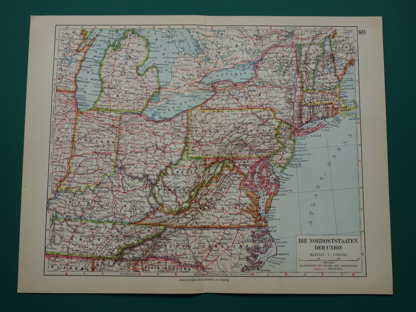 VS oude landkaart van de Verenigde Staten noordoosten 1931 originele vintage kaart Michigan New York Carolina