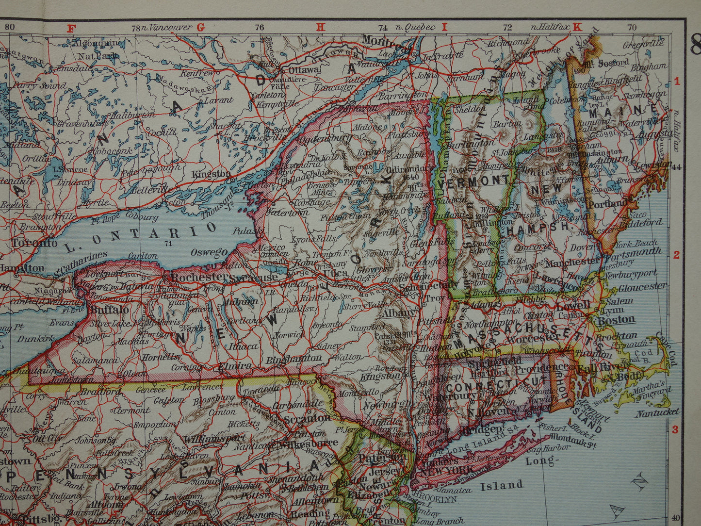 VS oude landkaart van de Verenigde Staten noordoosten 1931 originele vintage kaart Michigan New York Carolina