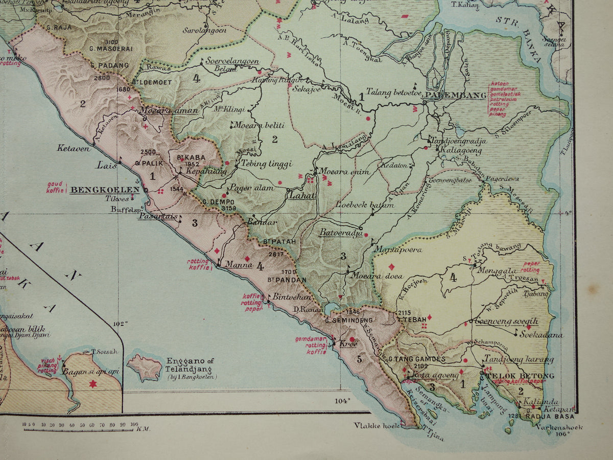 Sumatra old map of Sumatra Indonesia 1911 original antique Dutch map historical maps Sumatra Medan Palembang