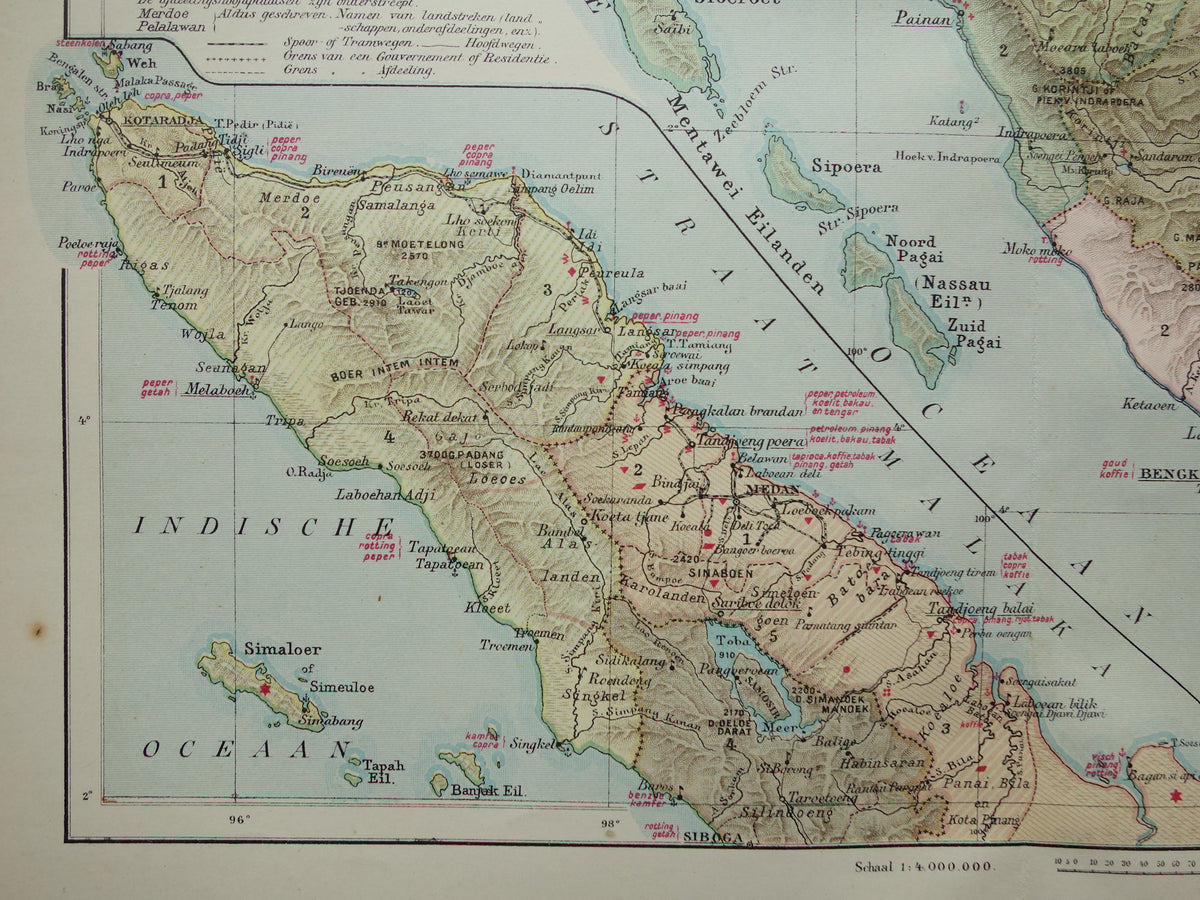 Sumatra old map of Sumatra Indonesia 1911 original antique Dutch map historical maps Sumatra Medan Palembang