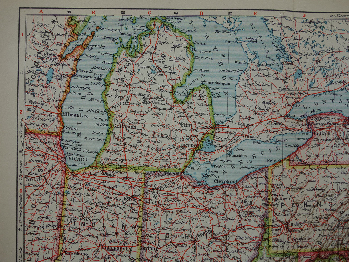 VS oude landkaart van de Verenigde Staten noordoosten 1931 originele vintage kaart Michigan New York Carolina