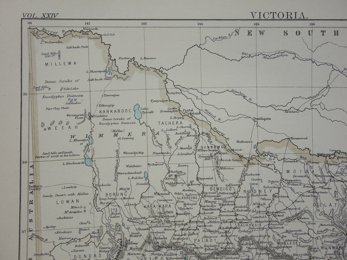 Antieke landkaart van de staat Victoria in Australië 1888 originele oude kaart Melbourne Vic te koop