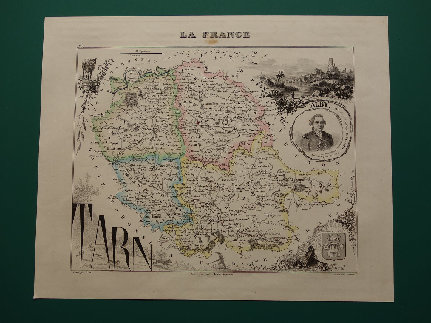 Oude kaart van TARN departement in Frankrijk uit 1856 originele antieke handgekleurde landkaart Albi Castres Gaillac Graulhet Carmaux