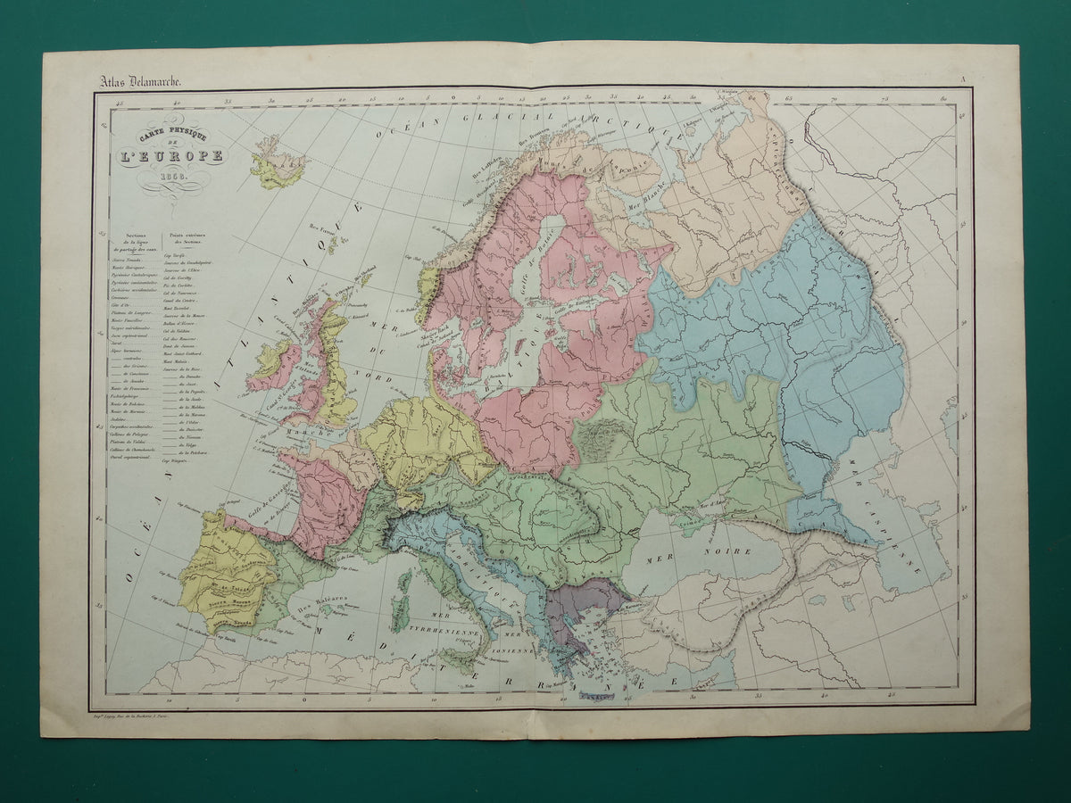 Oude kaart van rivieren in Europa uit 1859 Originele antieke Franse landkaart riviersystemen