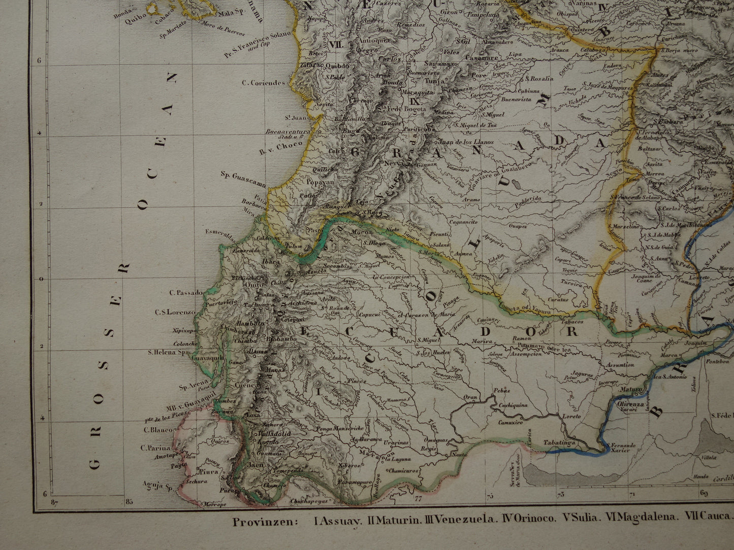 COLOMBIA Oude kaart van Ecuador Venezuela 175+ jaar oude handgekleurde landkaart Zuid-Amerika Andes gebergte