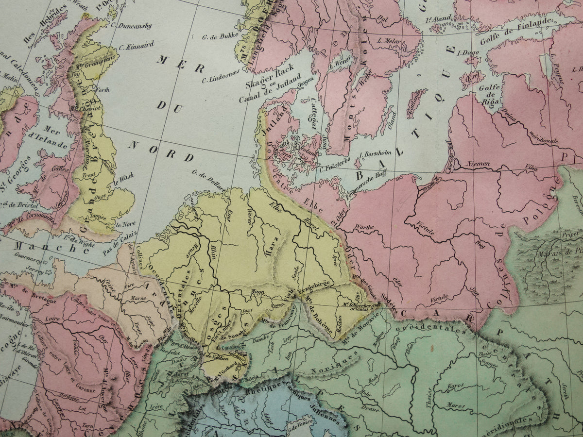 Oude kaart van rivieren in Europa uit 1859 Originele antieke Franse landkaart riviersystemen