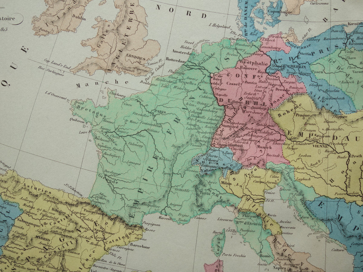 NAPOLEON Oude kaart van Europa in 1813 Napoleontische Rijk Antieke landkaart uit 1859 Originele Franse geschiedeniskaart