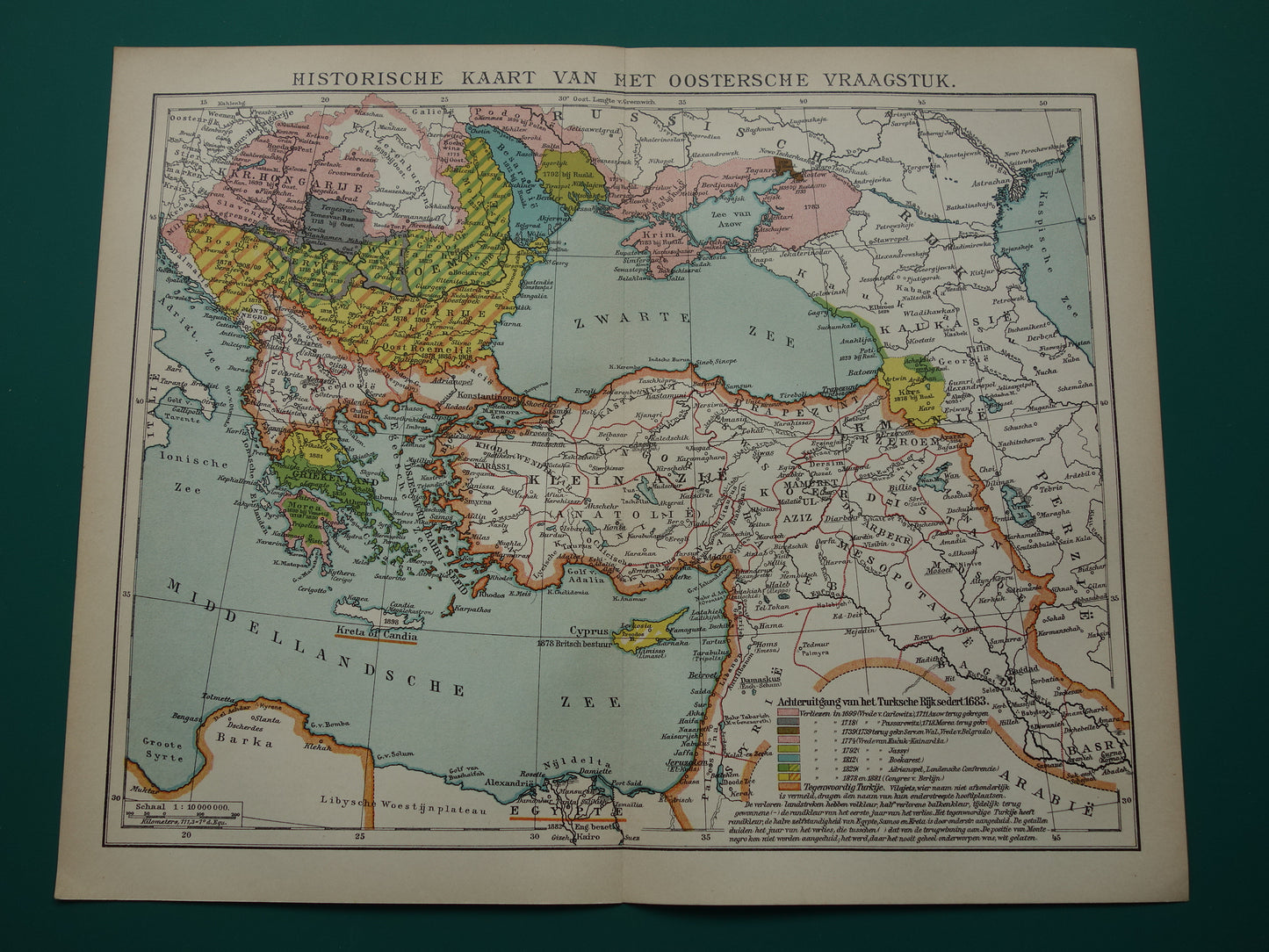 Geschiedeniskaart van het Turkse Rijk uit 1910 originele oude vintage landkaart Europees Turkije antieke kaarten Balkan