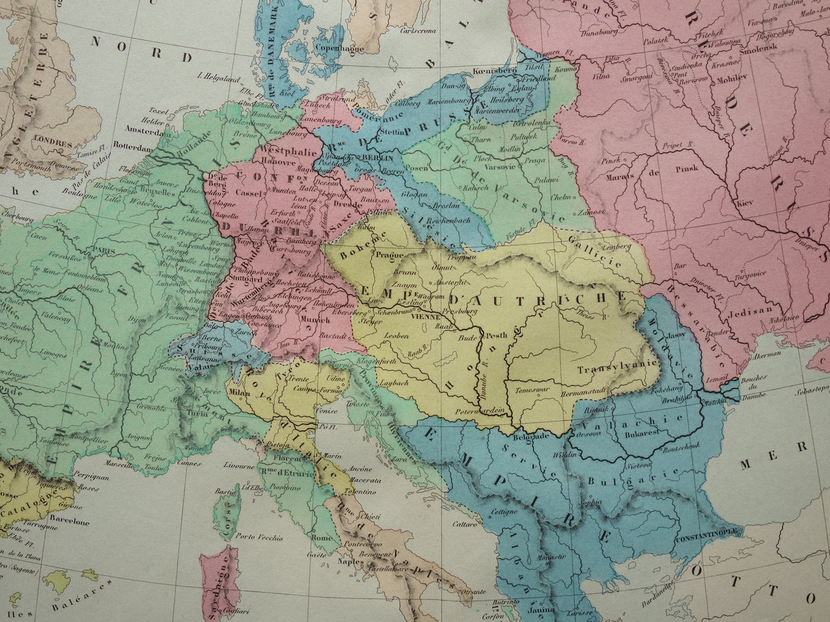 NAPOLEON Oude kaart van Europa in 1813 Napoleontische Rijk Antieke landkaart uit 1859 Originele Franse geschiedeniskaart