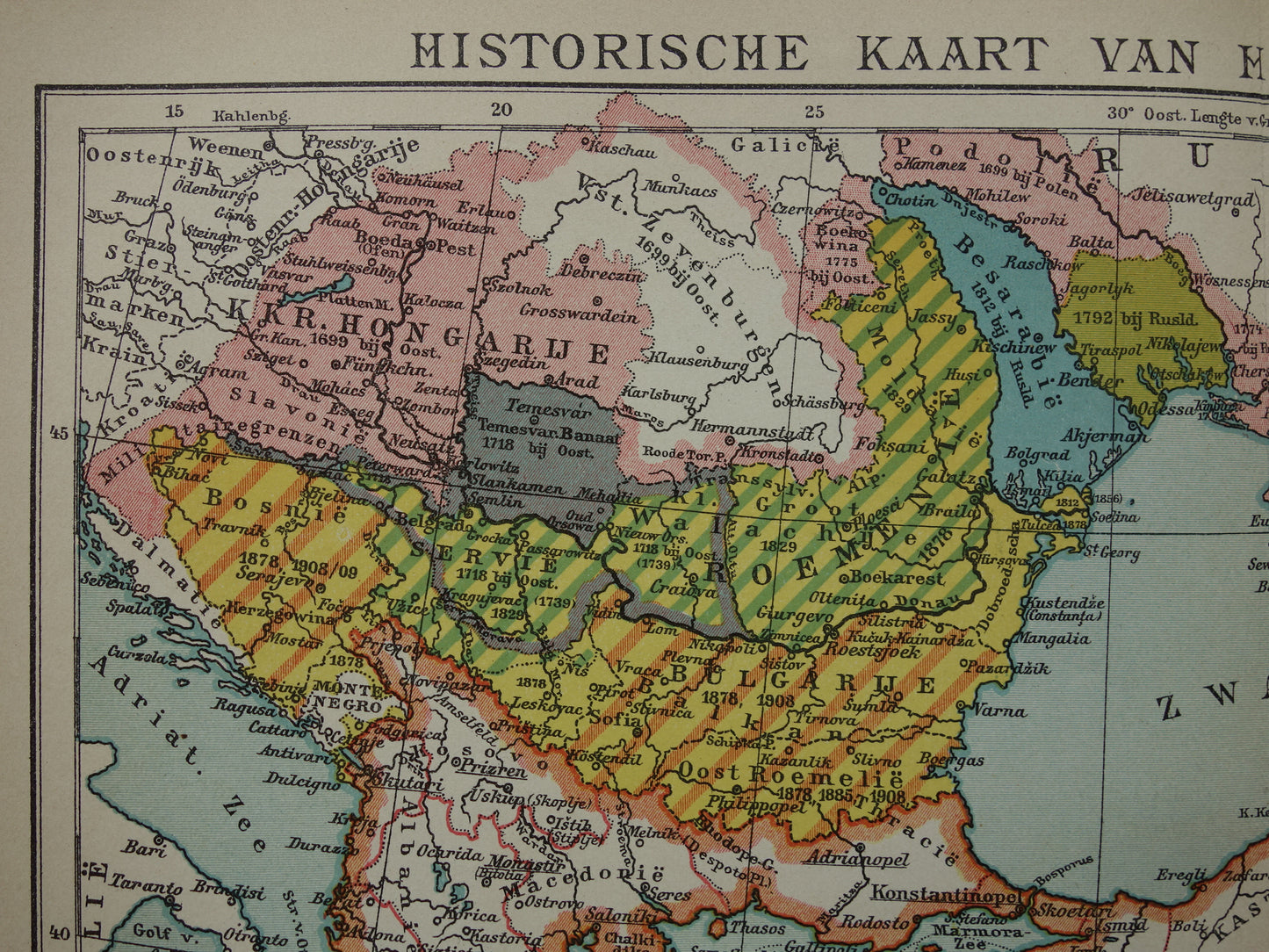 Geschiedeniskaart van het Turkse Rijk uit 1910 originele oude vintage landkaart Europees Turkije antieke kaarten Balkan