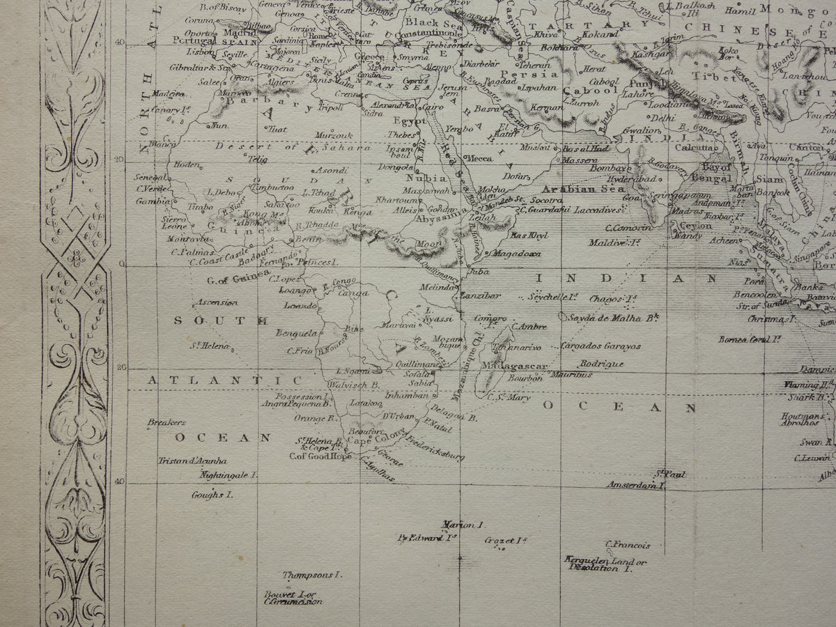 WERELDKAART vintage landkaart van de Wereld uit 1860 Originele antieke Engelse kaart