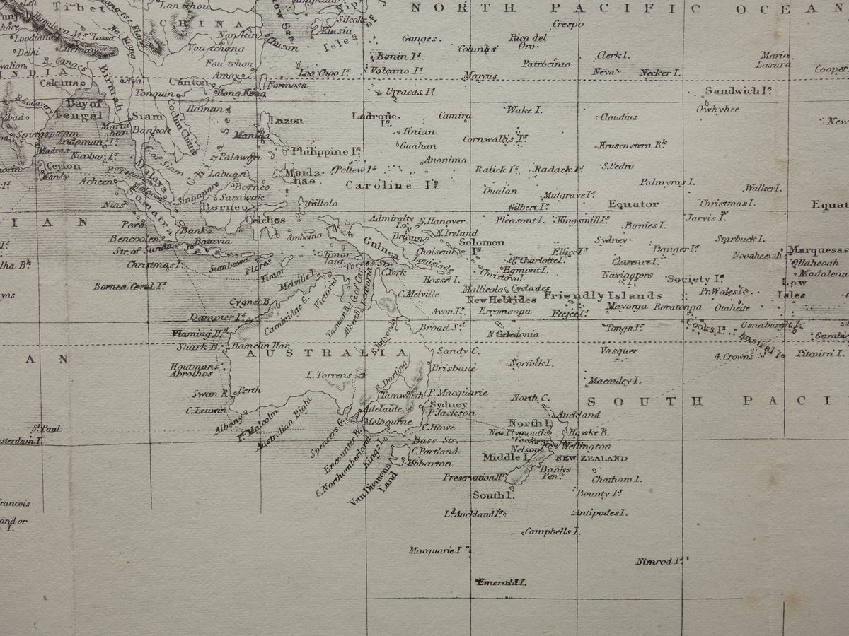 WERELDKAART vintage landkaart van de Wereld uit 1860 Originele antieke Engelse kaart