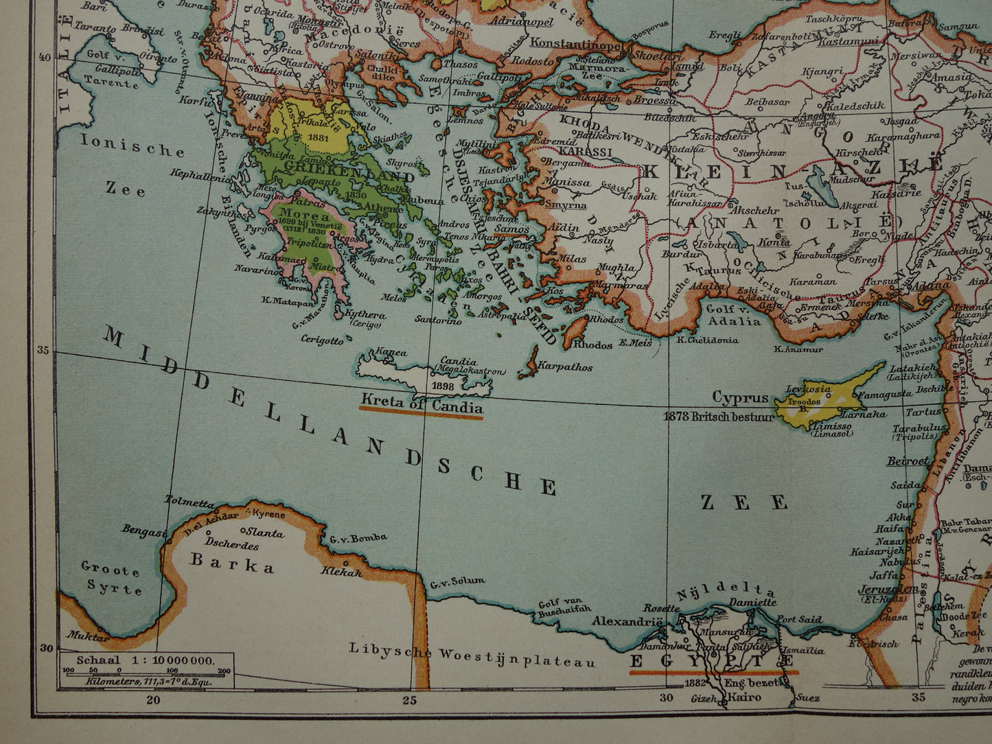 Geschiedeniskaart van het Turkse Rijk uit 1910 originele oude vintage landkaart Europees Turkije antieke kaarten Balkan