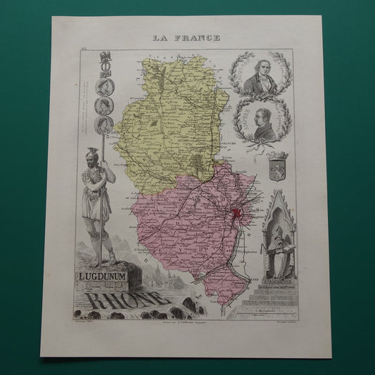 RHONE Oude kaart van Rhône departement in Frankrijk uit 1876 originele antieke landkaart Lyon historische kaarten