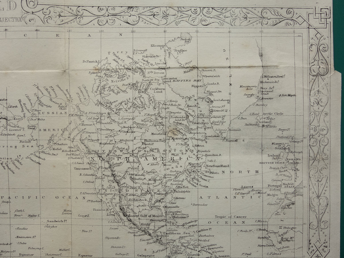 WERELDKAART vintage landkaart van de Wereld uit 1860 Originele antieke Engelse kaart