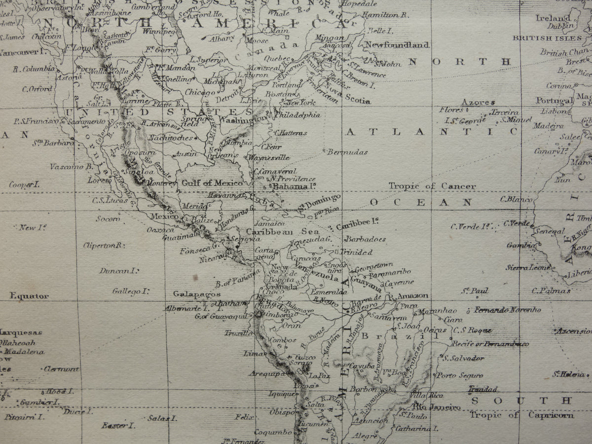 WERELDKAART vintage landkaart van de Wereld uit 1860 Originele antieke Engelse kaart