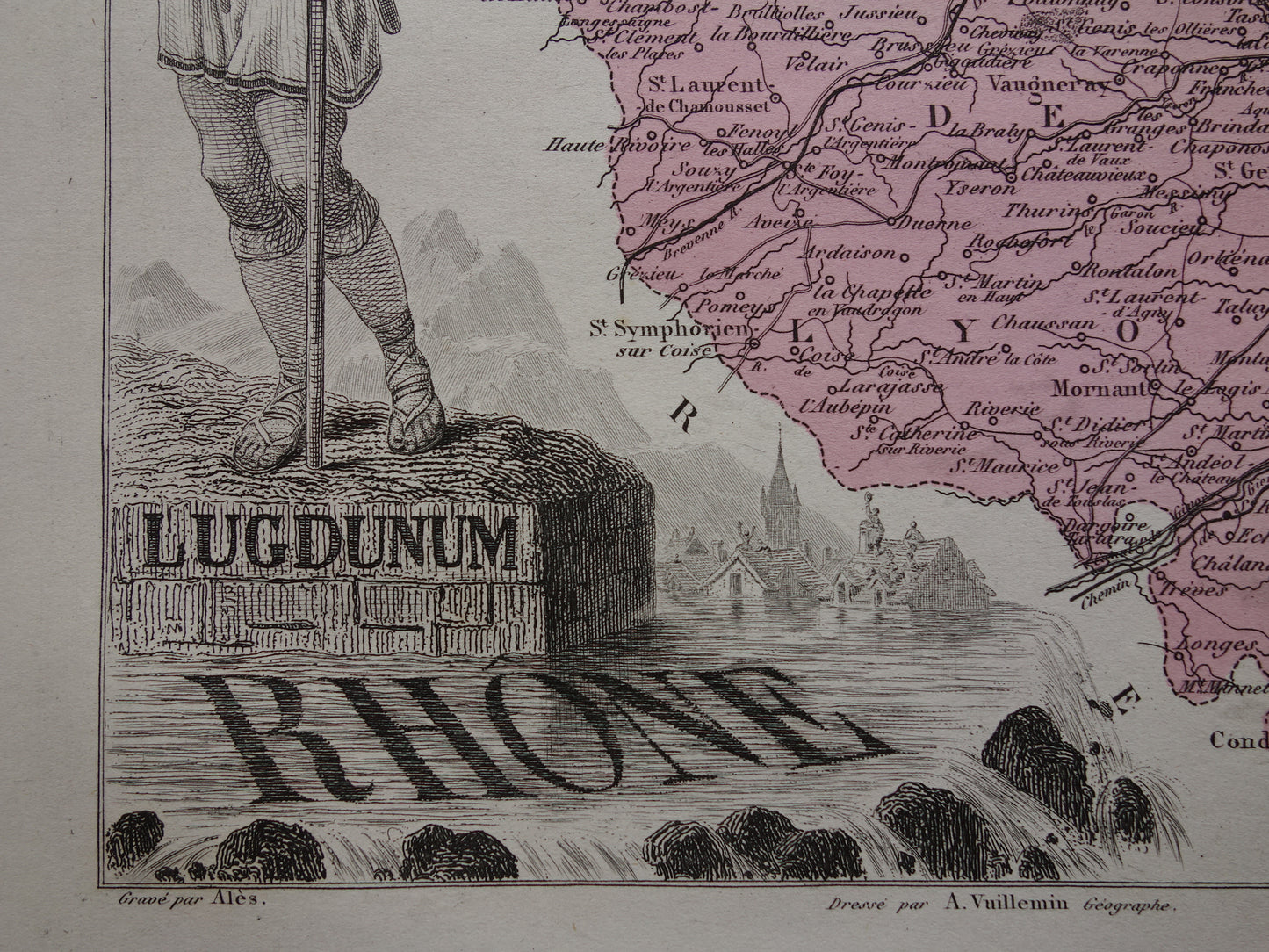 RHONE Oude kaart van Rhône departement in Frankrijk uit 1876 originele antieke landkaart Lyon historische kaarten