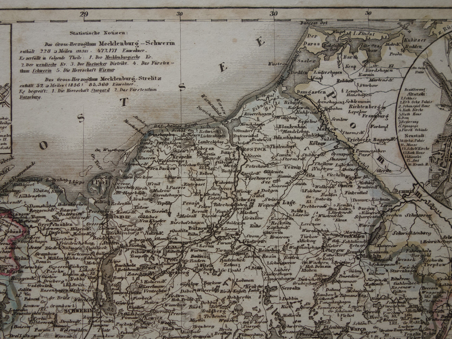 MECKLENBURG Oude kaart van Duitsland 175+ jaar oude handgekleurde landkaart Rostock Schwerin Güstrow