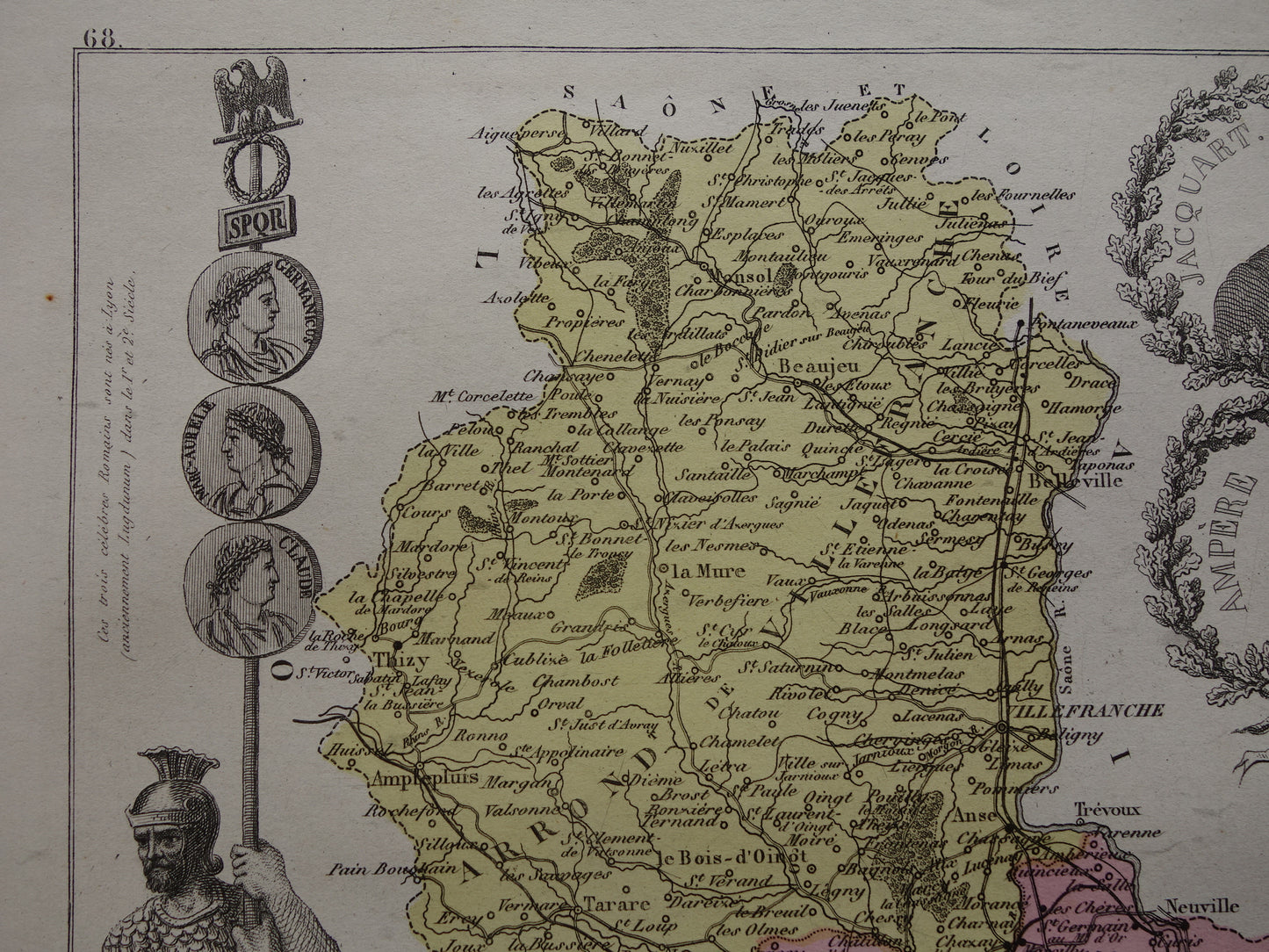 RHONE Oude kaart van Rhône departement in Frankrijk uit 1876 originele antieke landkaart Lyon historische kaarten