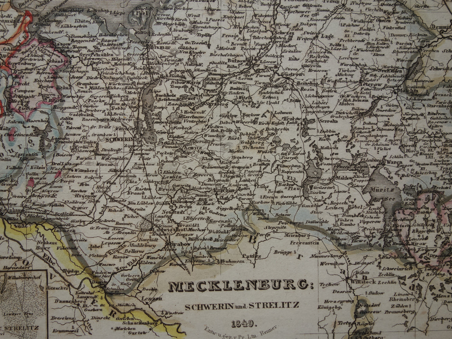 MECKLENBURG Oude kaart van Duitsland 175+ jaar oude handgekleurde landkaart Rostock Schwerin Güstrow