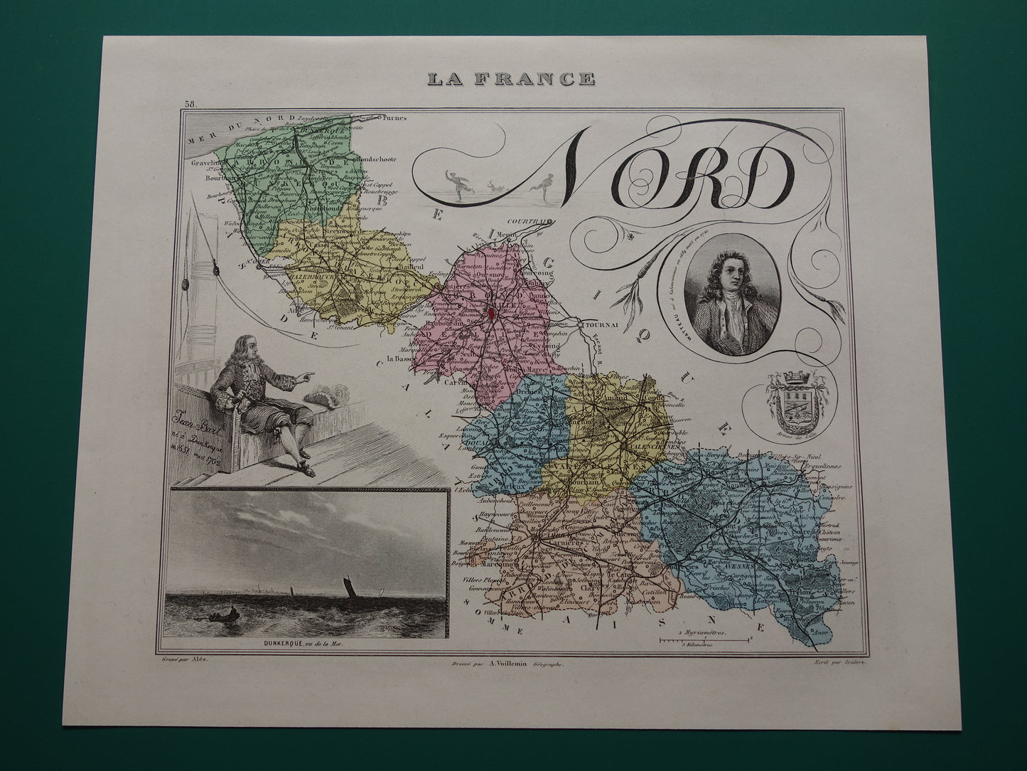 NORD departement Frankrijk oude kaart 1876 originele antieke landkaart Lille Duinkerken historische kaarten