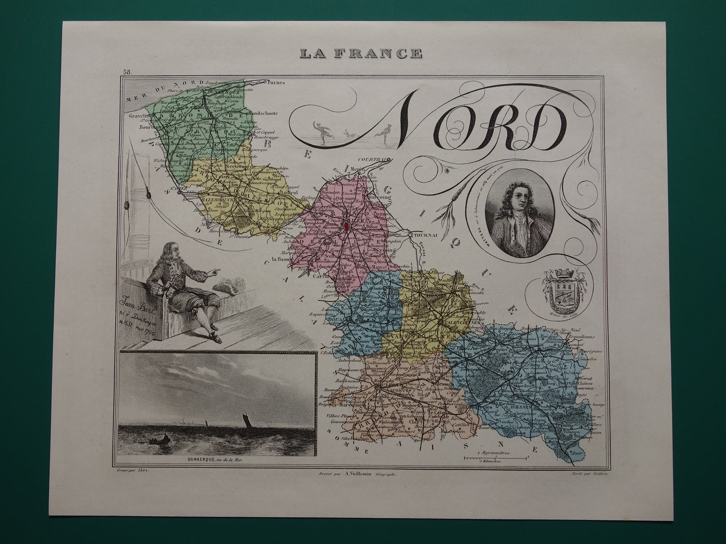 NORD departement Frankrijk oude kaart 1876 originele antieke landkaart Lille Duinkerken historische kaarten