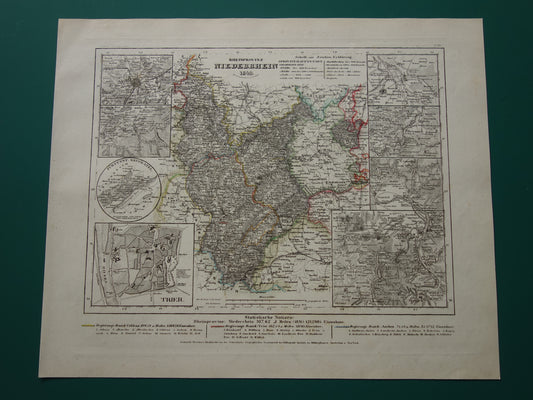 Oude kaart van Nederrijn Duitsland 175+ jaar oude handgekleurde landkaart Niederrhein Trier Koblenz Aken