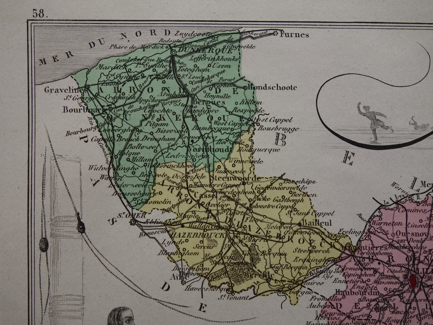 NORD departement Frankrijk oude kaart 1876 originele antieke landkaart Lille Duinkerken historische kaarten
