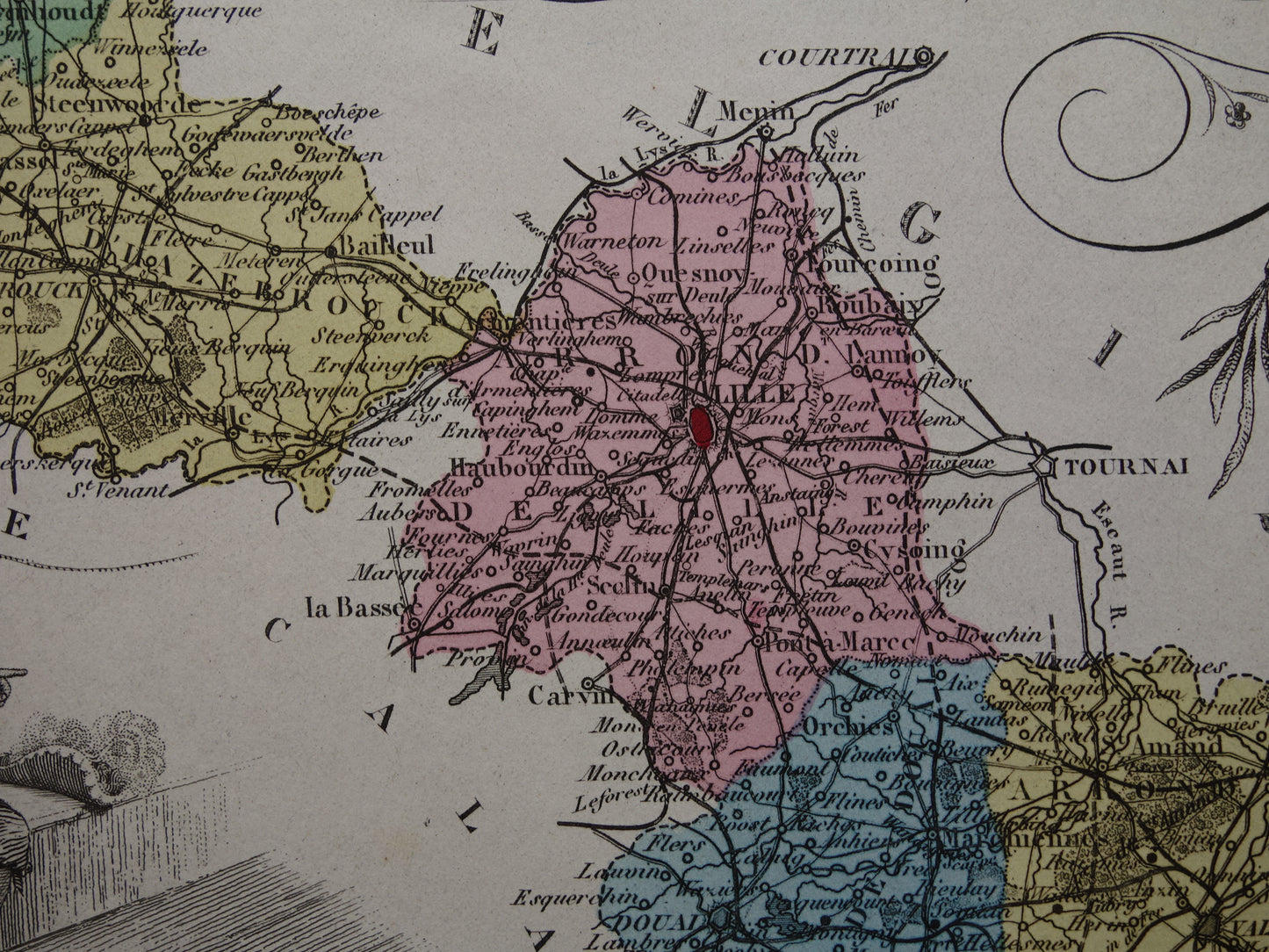 NORD departement Frankrijk oude kaart 1876 originele antieke landkaart Lille Duinkerken historische kaarten