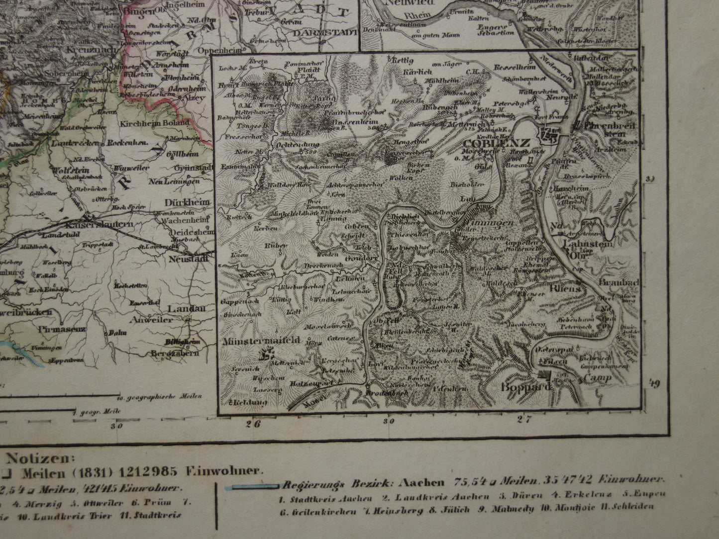 Oude kaart van Nederrijn Duitsland 175+ jaar oude handgekleurde landkaart Niederrhein Trier Koblenz Aken