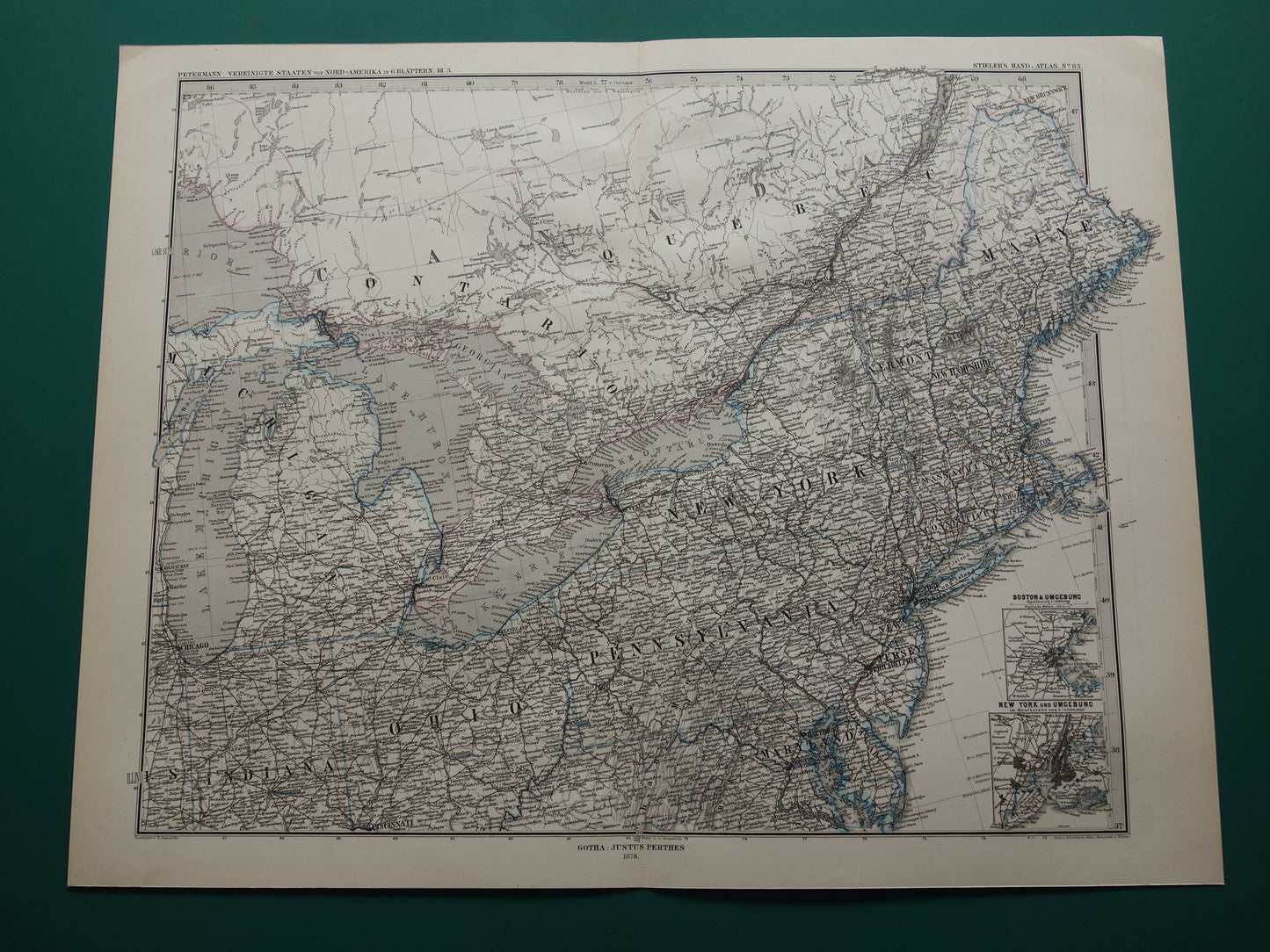 Grote oude landkaart van de Verenigde Staten noordoosten 1878 originele antieke kaart Michigan New York Carolina Great Lakes