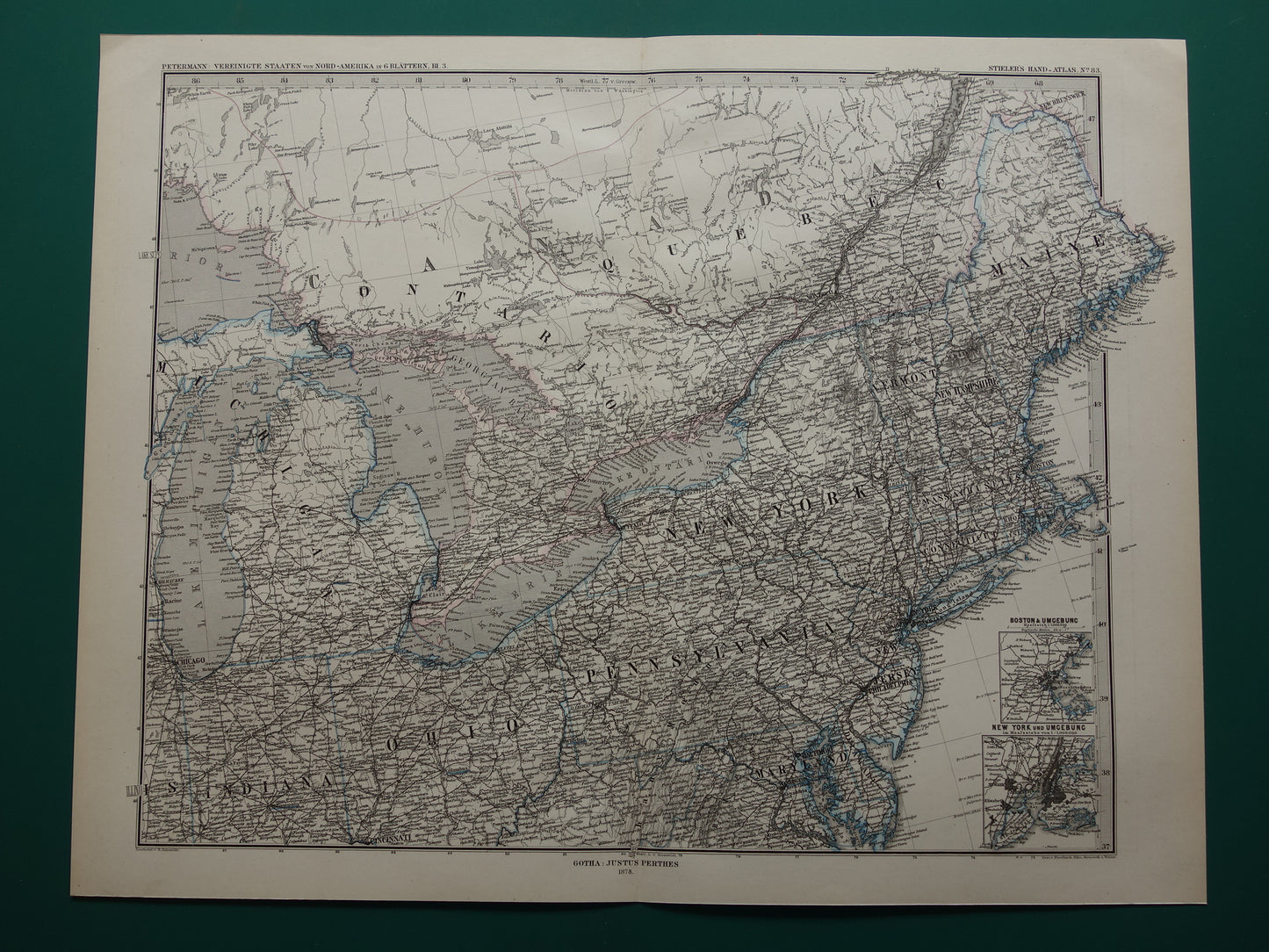Grote oude landkaart van de Verenigde Staten noordoosten 1878 originele antieke kaart Michigan New York Carolina Great Lakes