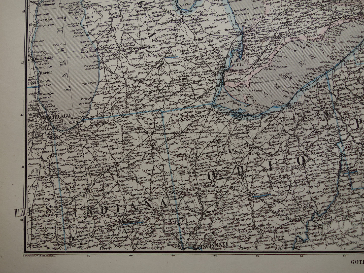 Grote oude landkaart van de Verenigde Staten noordoosten 1878 originele antieke kaart Michigan New York Carolina Great Lakes