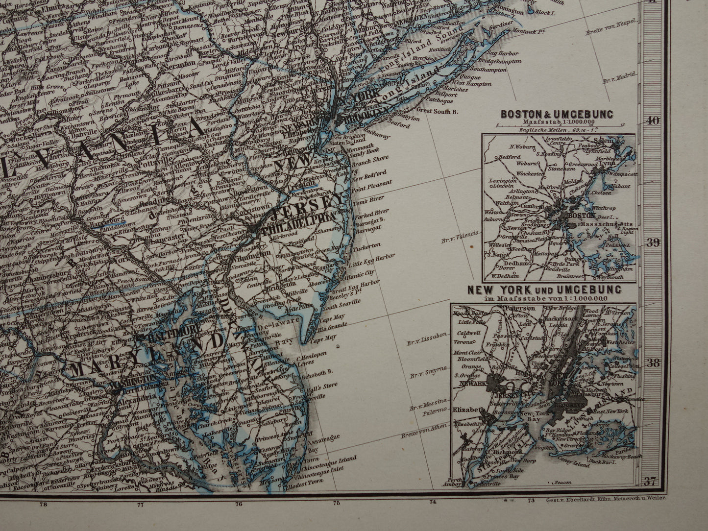 Grote oude landkaart van de Verenigde Staten noordoosten 1878 originele antieke kaart Michigan New York Carolina Great Lakes