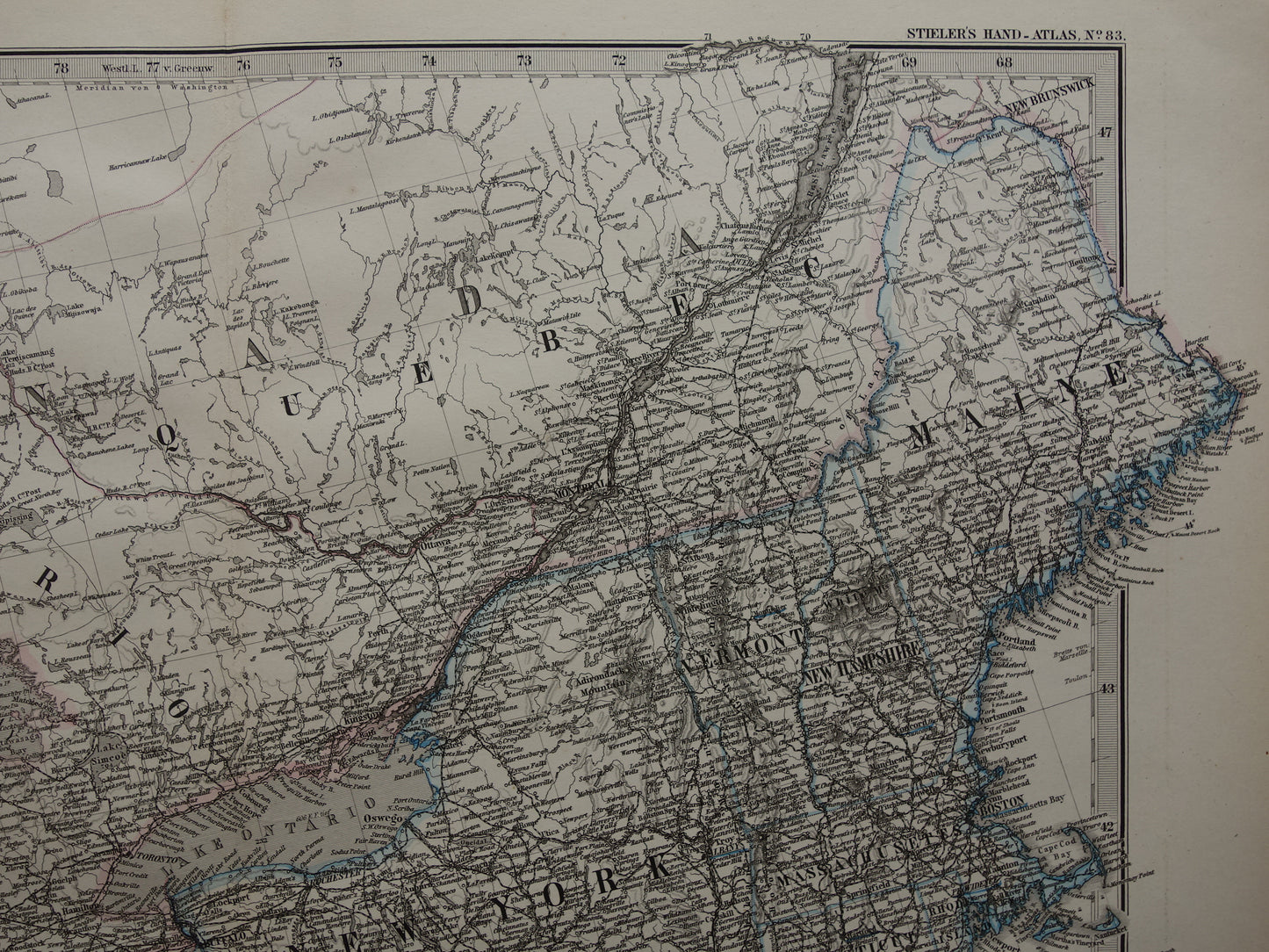 Grote oude landkaart van de Verenigde Staten noordoosten 1878 originele antieke kaart Michigan New York Carolina Great Lakes
