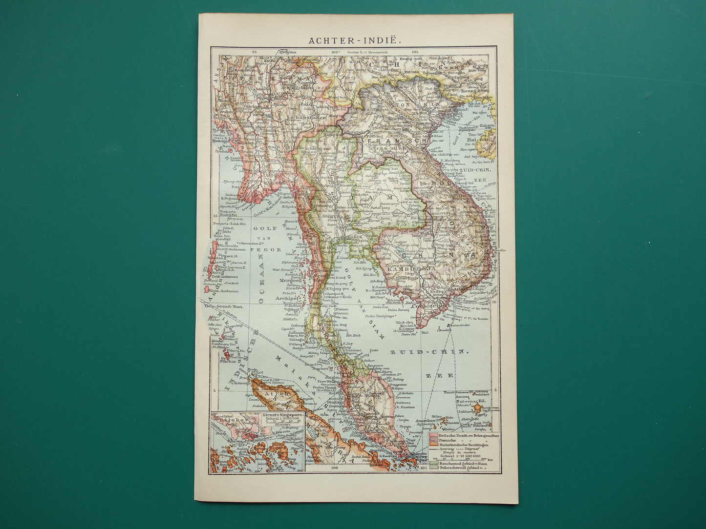 Alte Karte Südostasiens von 1910, originale antike niederländische Karte von Thailand, Vietnam, Kambodscha und Malaysia