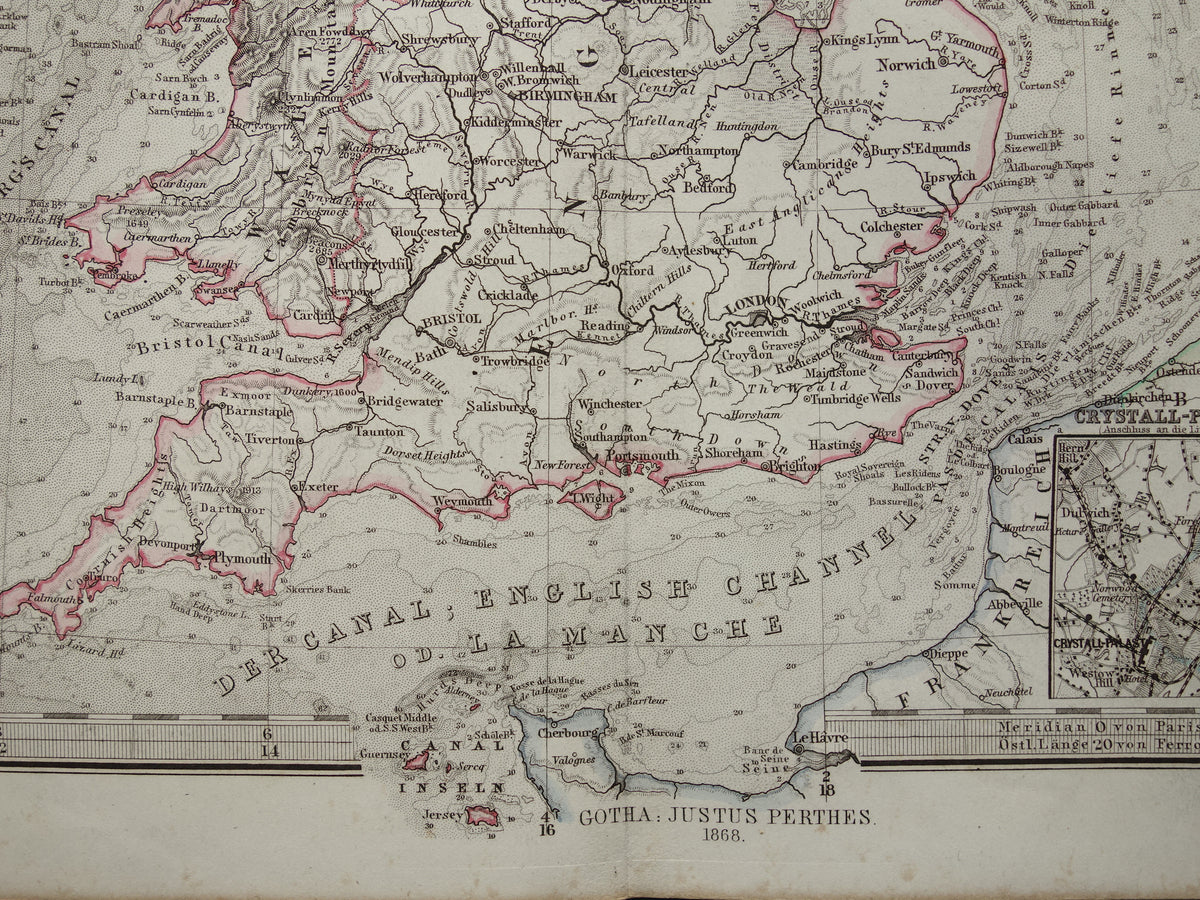 NOORDZEE en Groot-Brittanië 1868 originele oude landkaart / zeekaart Engeland Duitse Zee antieke kaart met jaartal