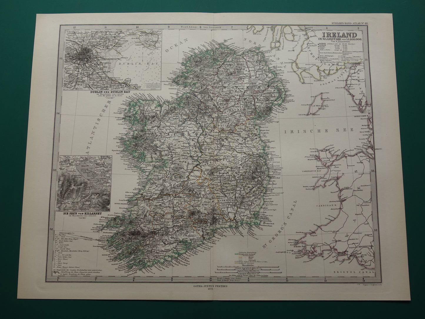 IERLAND antieke kaart van Ierland 1878 originele 155+ jaar oude Duitse landkaart van Ierland met jaartal