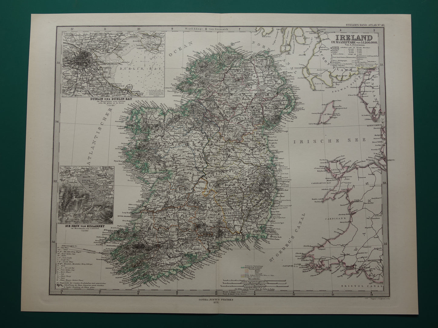 IERLAND antieke kaart van Ierland 1878 originele 155+ jaar oude Duitse landkaart van Ierland met jaartal