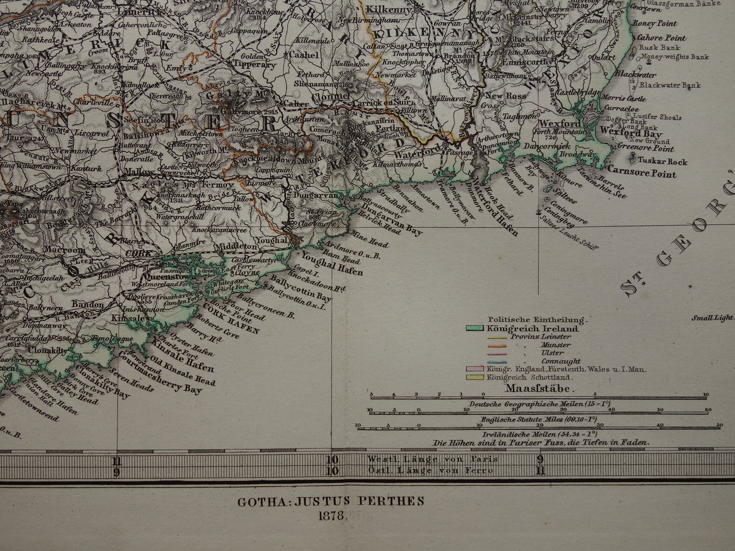 IERLAND antieke kaart van Ierland 1878 originele 155+ jaar oude Duitse landkaart van Ierland met jaartal