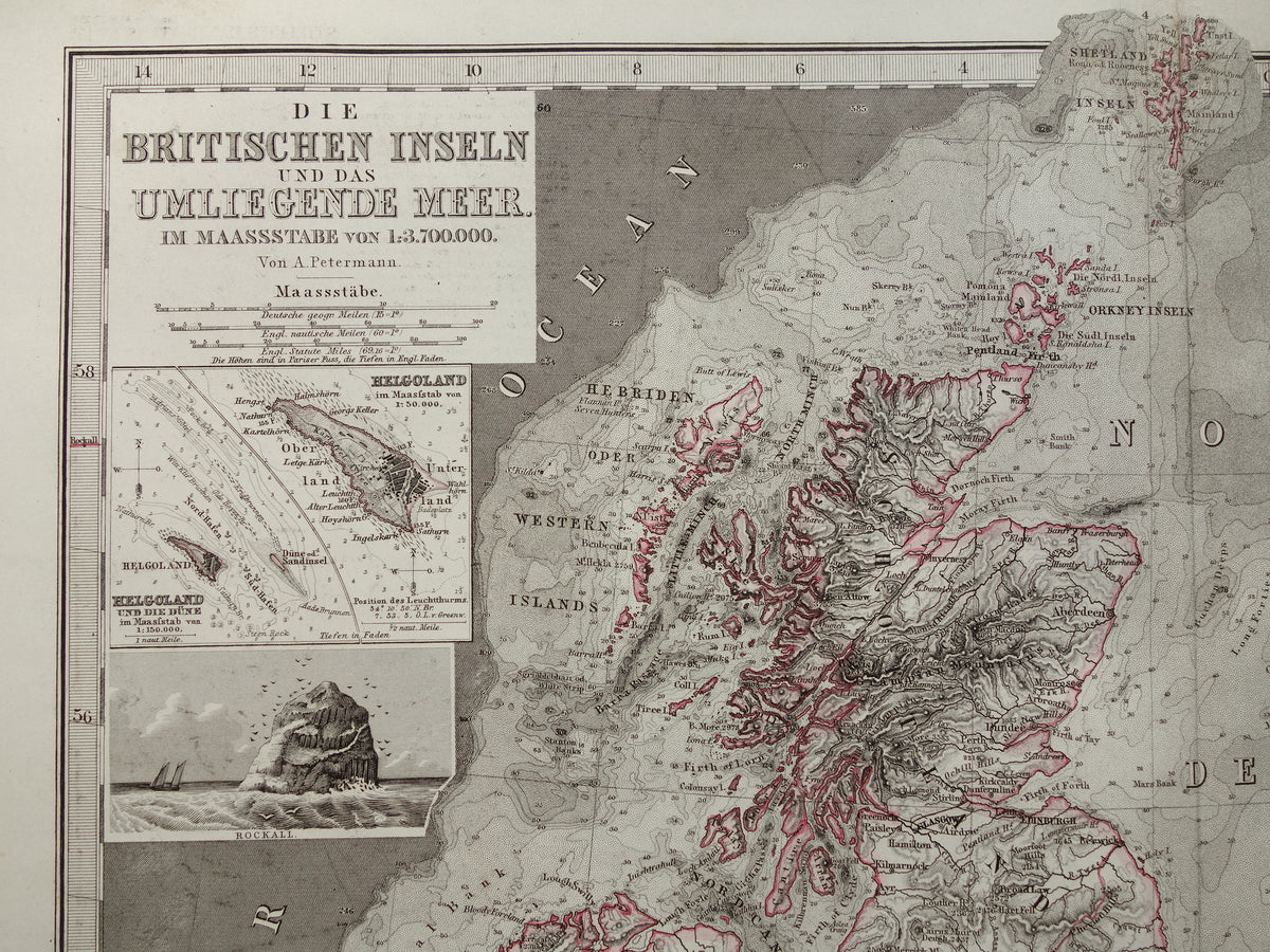 NOORDZEE en Groot-Brittanië 1868 originele oude landkaart / zeekaart Engeland Duitse Zee antieke kaart met jaartal