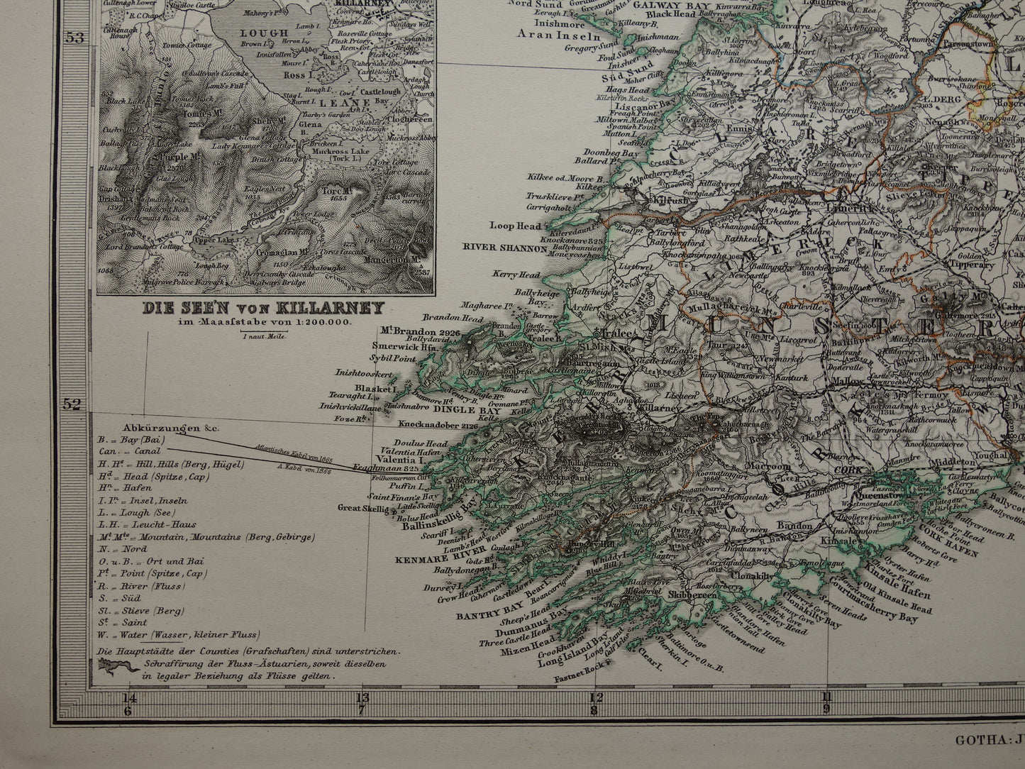 IERLAND antieke kaart van Ierland 1878 originele 155+ jaar oude Duitse landkaart van Ierland met jaartal