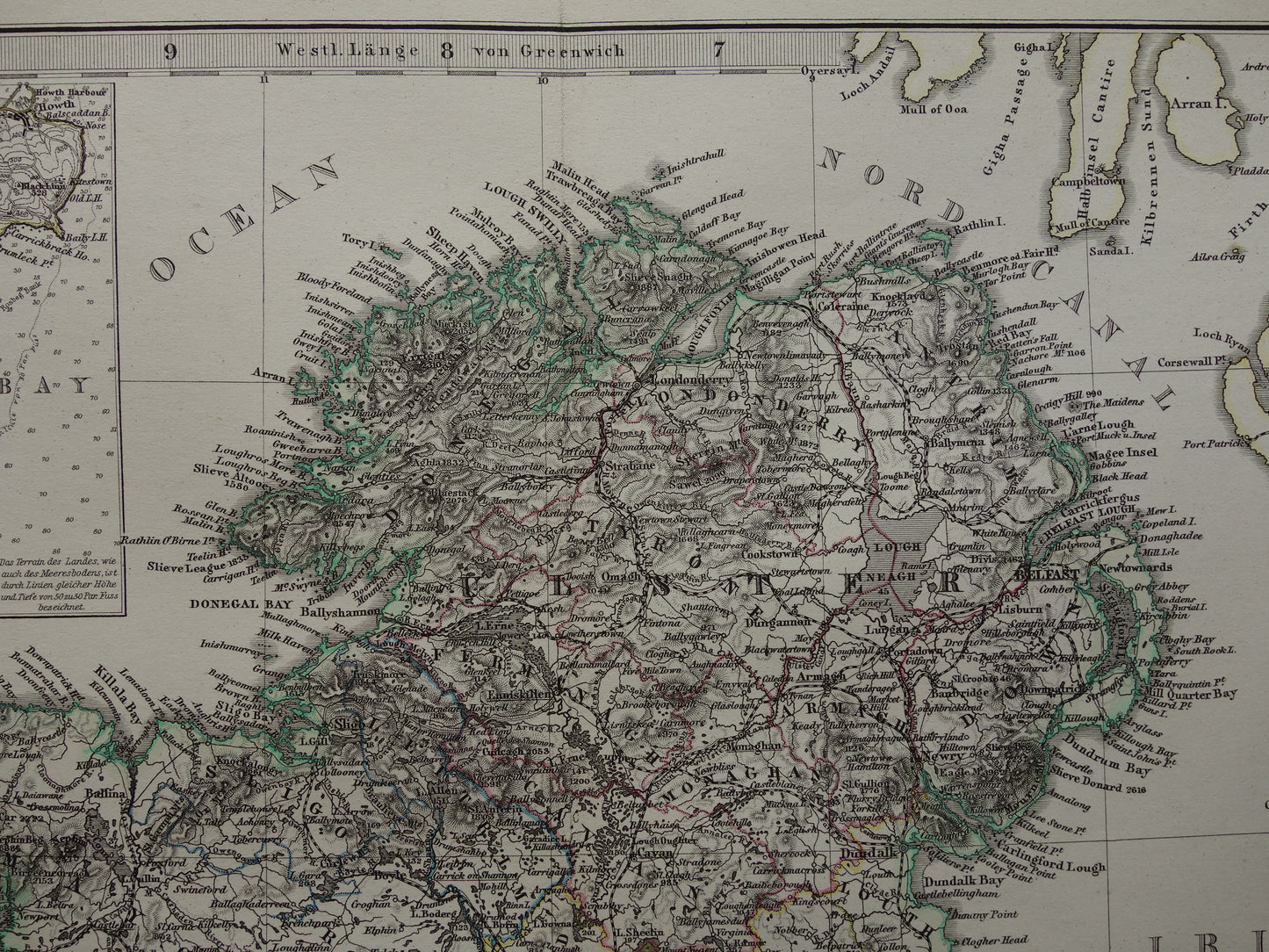 IERLAND antieke kaart van Ierland 1878 originele 155+ jaar oude Duitse landkaart van Ierland met jaartal