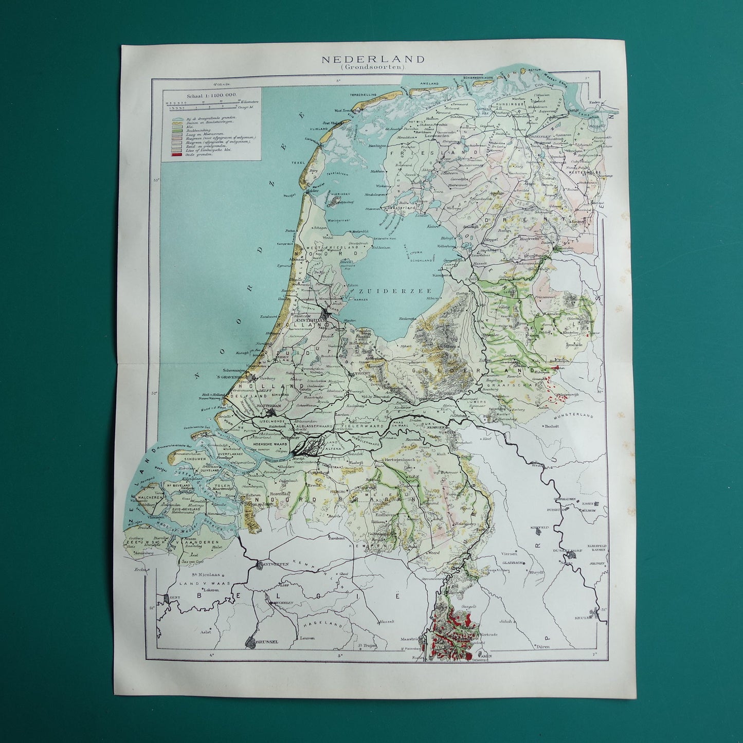 NEDERLAND oude kaart van grondsoorten 1920 vintage Nederlandse geologie landkaart grondsoortenkaart
