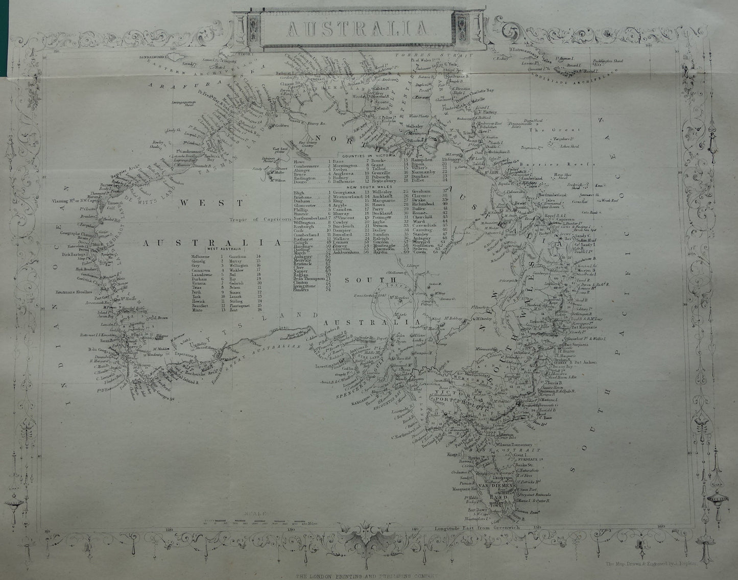 Australië oude kaart uit 1860 originele antieke landkaart Australië John Rapkin - Vintage kaarten