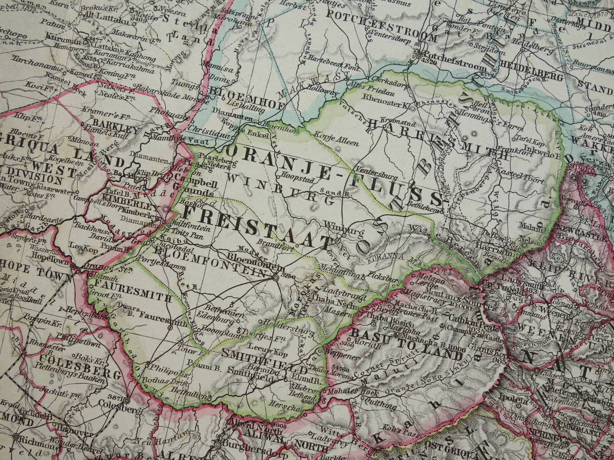Oude landkaart van Zuid-Afrika in 1886 Grote originele 140+ jaar antieke kaart van Oranje Vrijstaat Namibië Botswana Kaapland Transvaal