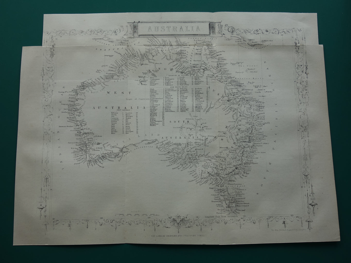 Australië oude kaart uit 1860 originele antieke landkaart Australië John Rapkin - Vintage kaarten