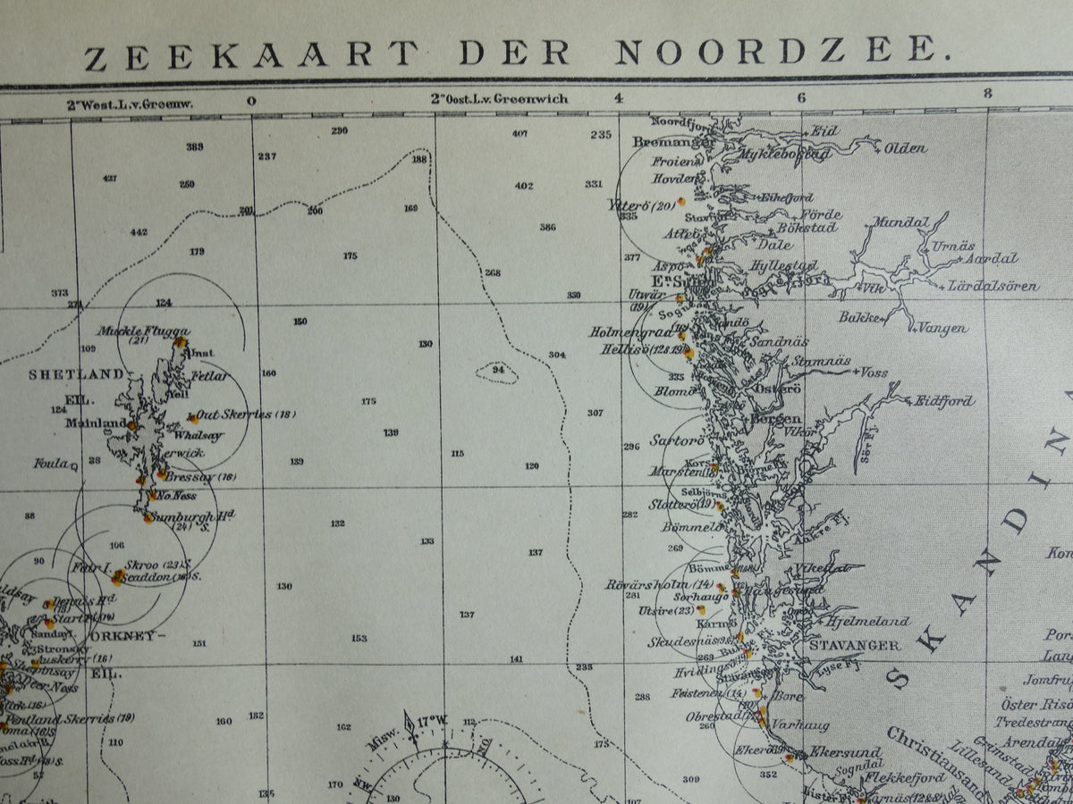 NOORDZEE oude zeekaart uit 1920 originele antieke Nederlandse kaart van de Noordzee