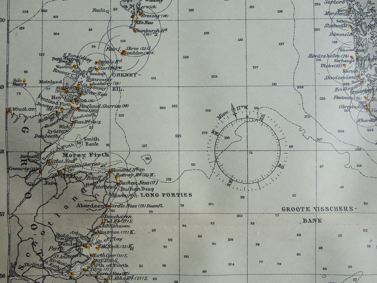 NOORDZEE oude zeekaart uit 1920 originele antieke Nederlandse kaart van de Noordzee