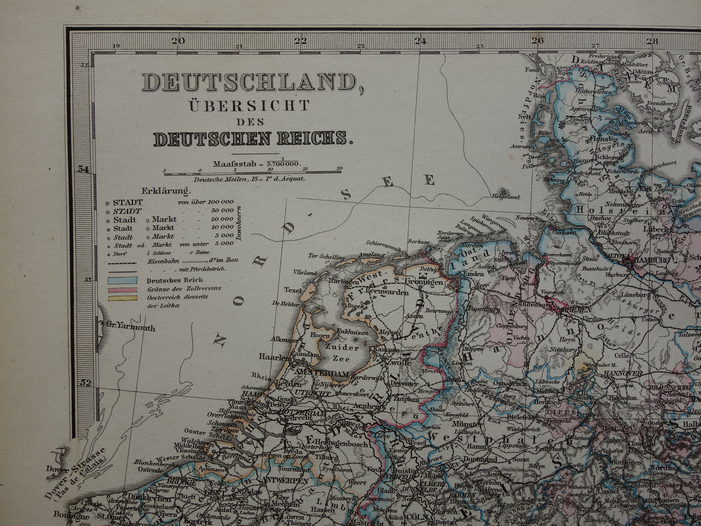 DUITSLAND Antieke landkaart van het Duitse Rijk in 1876 Grote originele 145+ jaar oude kaart Berlijn Pruissen Polen